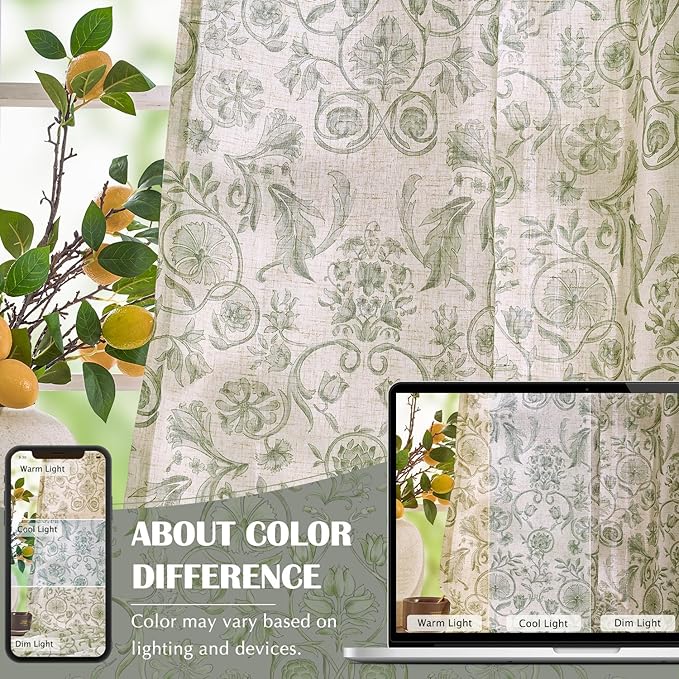 jinchan Linen Floral Curtains for Living Room with Printed Flower 63 Inches Long Light Filtering Farmhouse Window Treatment Vintage Short Drapes Back Tab Rod Pocket 2 Panels Green on Beige