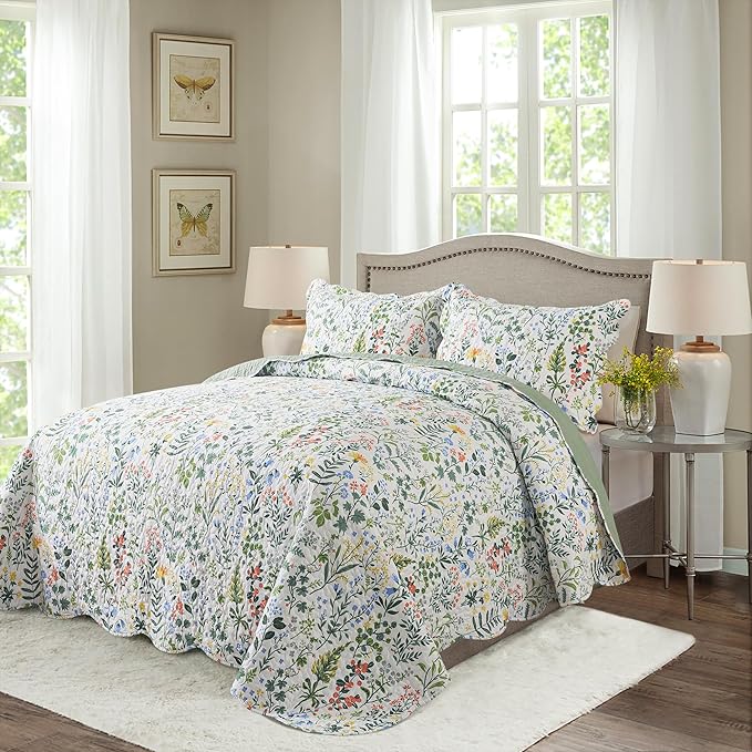 HoneiLife Queen Quilt Bedding Set - 3 Pieces Microfiber Quilt Sets Lightweight Bedspreads Reversible Coverlets Retro Bed Cover Floral Bedding Set Wildflower Quilts All Season Use