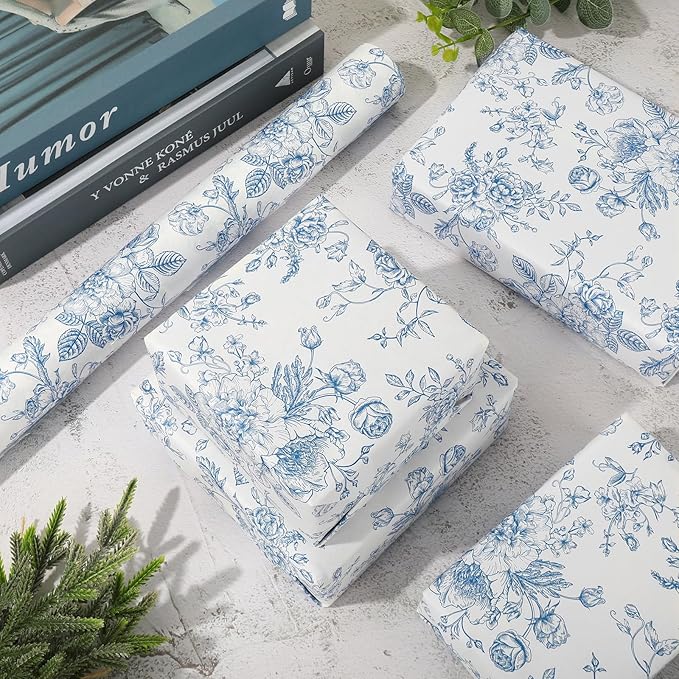 JarThenaAMCS Floral Wrapping Paper Mini Roll 17in x 32.8Ft Blue White Flowers Gift Wrap Paper Chinoiserie Paper for Birthday Wedding Baby Shower Holiday Party Wrapping Supplies