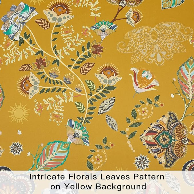XiDi Vintage Floral Patterned Curtains Blackout 102 Inches Long 2 Panels for Bedroom Thermal Insulated Luxury Curtains with Botanical Leaf Printed Design Grommet Drapes Mustard Yellow 52x102