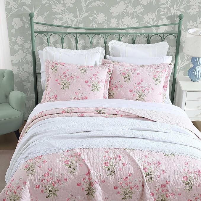 Laura Ashley - King Quilt Set, Reversible Premium Bedding with Matching Shams, Coquette Room Decor (Veronicas Bouquet Pink, King)