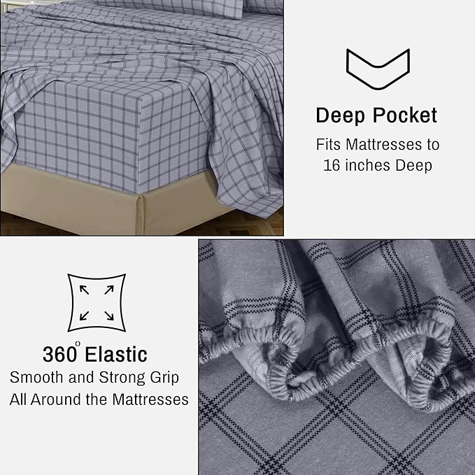 RUVANTI Flannel Sheets Full Size - 100% Cotton Double Brushed Bed Sheets Set, Deep Pockets 16 Inches, All Seasons Breathable & Extra Soft Full Sheets, Warm & Cozy, 4 Piece, Open Grid Check