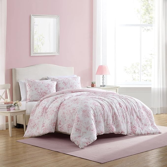 Laura Ashley - Twin Comforter Set, Soft & Reversible Cotton Bedding with a Smooth Feel, Medium Weight for Year Round Comfort, 2 Piece Bed Set with Matching Pillowcase (Delphine Mauve Pink)