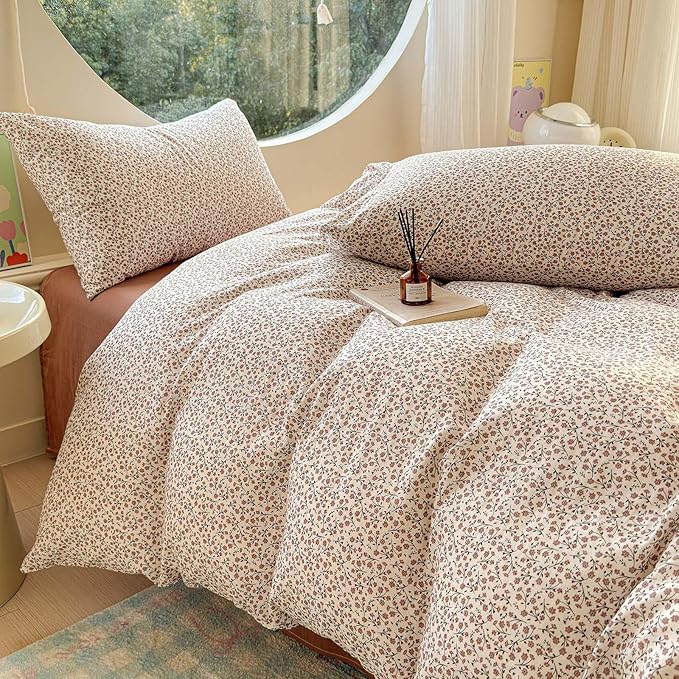 LifeTB Muslin Cotton Duvet Cover Set Twin XL Vintage Floral Duvet Cover Ultra Soft Breathable Comforter Cover Chic Flower Bedding Set Linen Feel Textured Gauze Comforter Cover with Zipper Closure