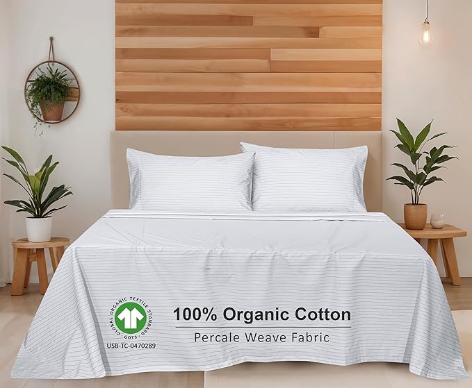 RUVANTI 100% Organic Cotton Sheets California King, Percale Weave, GOTS Certified, 4-Piece Set, Deep Pocket 13", Crisp & Breathable, Soft Durable Bedding, Sábanas Algodón Orgánico – Construction Line