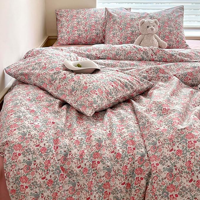 HighBuy Boho Comforter Twin XL Size Pink Floral Rabbit Bedding Comforter Sets 3 Piece French Country Style Cozy Fluffy Comforters for Teen Girls Kids,Cute Flower Bedding Collection for All Season