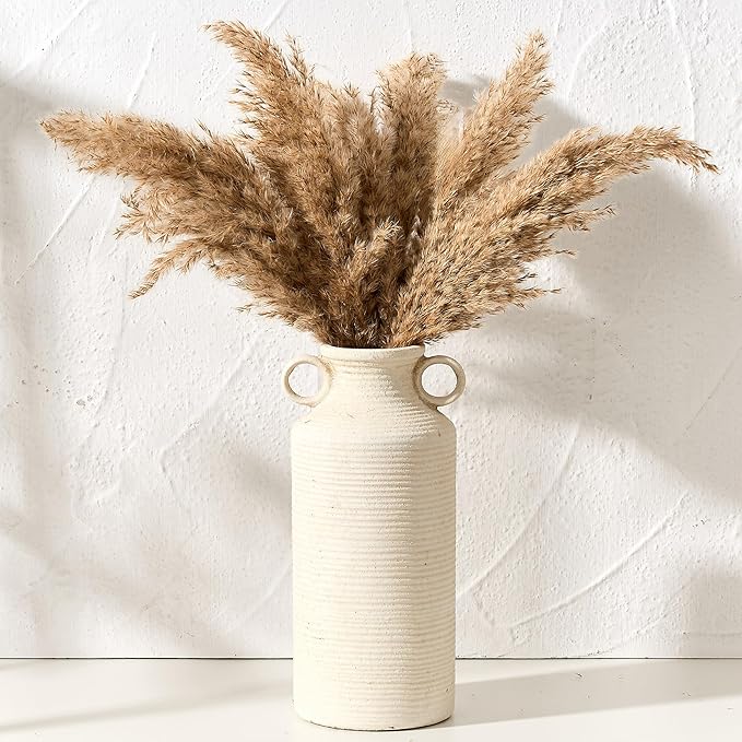 Ceramic Rustic Vase with 2 Round Handles, Antique Farmhouse Flower Vase, Vintage Terracotta Vases for Home Decor, Wedding, Living Room, Table, Shelf Decor - 10.2 Inch Tall, White