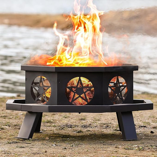 26 inch Fire Pit, Outdoor Fire Pit with Fire Poker, Octagonal Firepits for Outside Fire Pits & Outdoor Fireplaces Heavy Duty Steel Wood Burning Firepit for Bonfire, Camping, Backyard, Patio, Picnic