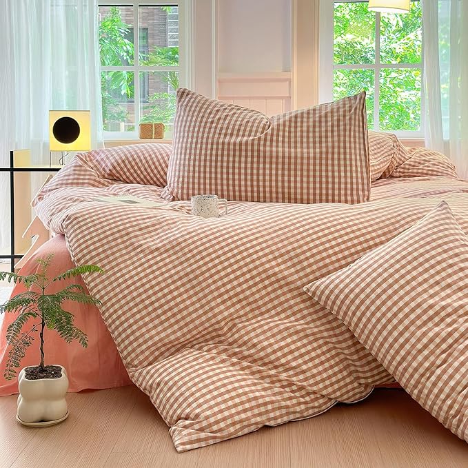 LifeTB Pink Gingham Comforter Set Twin XL Modern Style Pink Plaid Comforter Set Soft Fluffy 3 Pieces Grid Checkered Pattern Comforter with 2 Pillowcases Farmhouse Gingham Bedding Set Twin XL