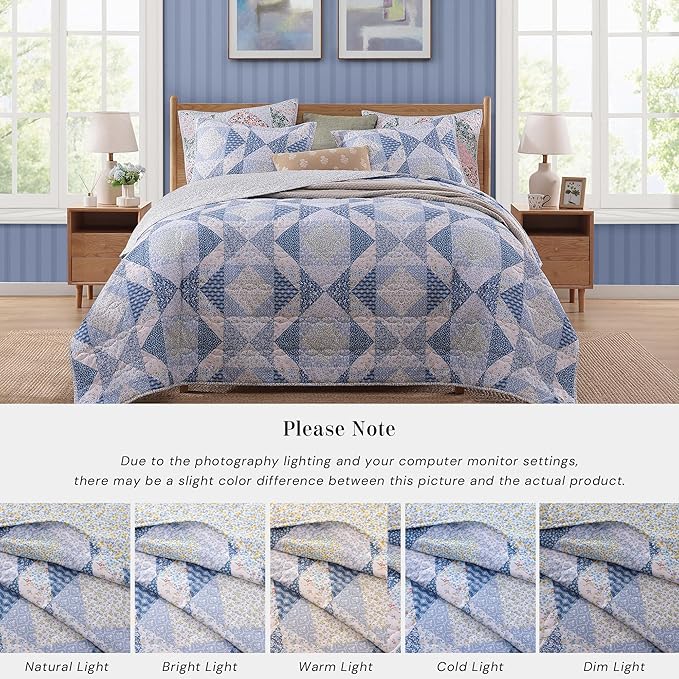 Quilt Set Twin Size, Patchwork Blue Marigold Floral Quilt Sets, Reversible Bedspread Lightweight and Breathable for All Seasons, Soft Quilted Bedspread with 1 Pillow Sham