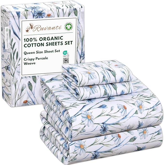 RUVANTI 100% Organic Cotton Sheets Queen Size, Percale Weave, GOTS Certified, 4-Piece Set, Deep Pocket 15", Crisp & Breathable, Soft Durable Bedding, Sábanas Algodón Orgánico – Daisy Bud