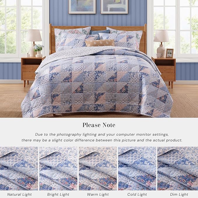 Quilt Set Twin Size, Patchwork Blue Pink Marigold Floral Quilt Sets, Reversible Bedspread Lightweight and Breathable for All Seasons, Soft Quilted Bedspread with 1 Pillow Sham