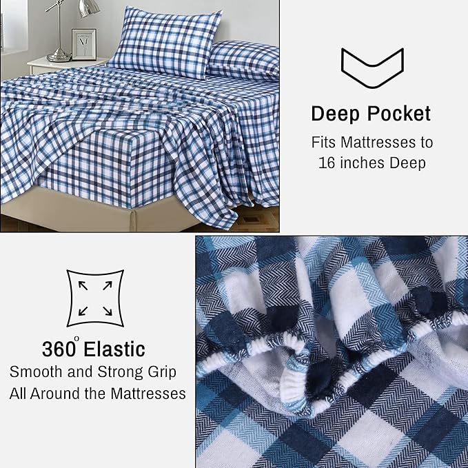 RUVANTI Flannel Sheets Queen Size - 100% Cotton Double Brushed Bed Sheets, Deep Pockets 16 Inches Queen Sheet Set, All Seasons Breathable & Extra Soft - Warm & Cozy, 4 Piece, Gingham Addition