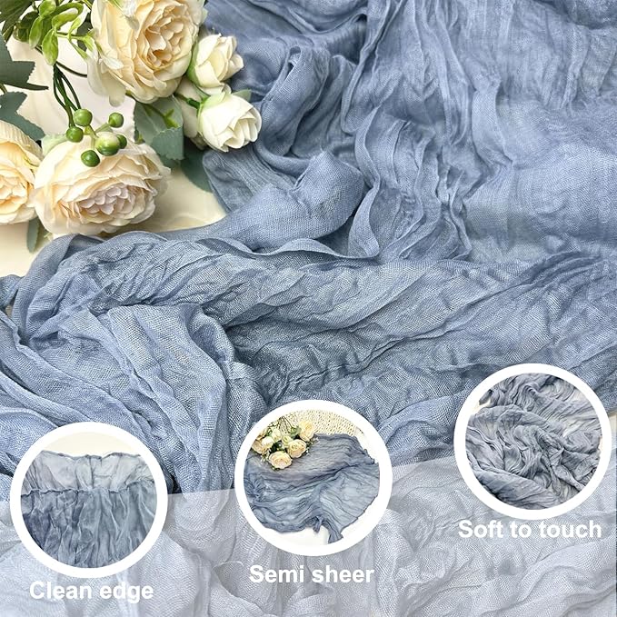 Booque Valley 6 Pack Dusty Blue Cheesecloth Table Runner 10ft Super Soft Boho Wrinkled Gauze Sheer Cloth for Baby Shower Baptism Birthday Party Wedding Centerpiece Table Decoration, 35x120 Inch