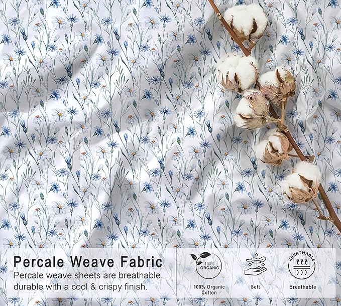 RUVANTI 100% Organic Cotton Sheets Twin Size, Percale Weave, GOTS Certified, 3-Piece Set, Deep Pocket 15", Crisp & Breathable, Soft Durable Bedding, Sábanas Algodón Orgánico – Daisy Bud