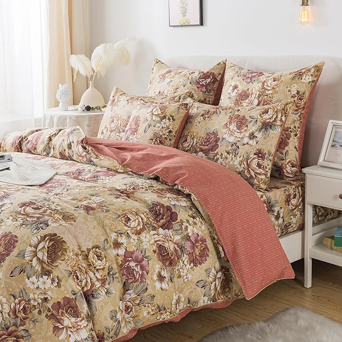 FADFAY Duvet Cover Sets Queen Tan Peony Floral Bedding Shabby Brown Flower Comforter Cover Set Vintage Farmhouse Bedding 100% Cotton Soft Quilt Cover with Hidden Zipper Closure 3 Pieces, Queen Size