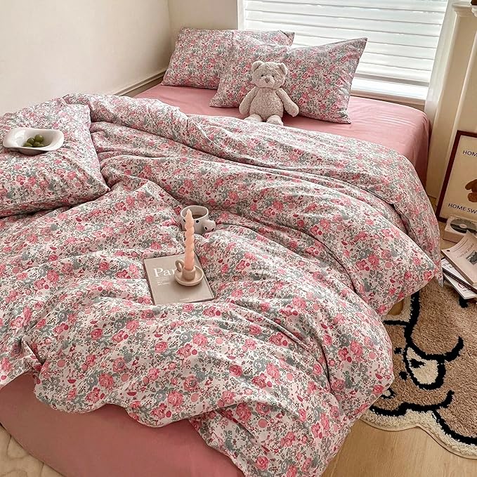 HighBuy Boho Comforter Twin XL Size Pink Floral Rabbit Bedding Comforter Sets 3 Piece French Country Style Cozy Fluffy Comforters for Teen Girls Kids,Cute Flower Bedding Collection for All Season