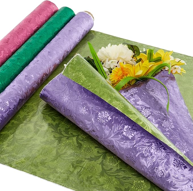 Paper Mart Purple Floral Foil, 20 Inches by 10 Yards, Poly Lined, Embossed Flower Wrapping Paper for Bouquets, Plants, and Decor