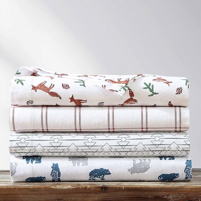 Eddie Bauer - Flannel Sheets King Size, Anti-Pilling & Wrinkle Resistant Cotton, Touchably Soft for All-Season Comfort - Bed Sheets with Matching Pillowcases & Fitted Sheet (Westridge Plaid Orange)