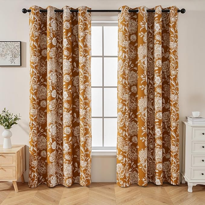 Vintage Orange Peony Floral Blackout Curtains - Cotton Blend Light Blocking Drapes with Grommet Top for Bedroom, Living Room & Office, Boho Home Decor, 52W x 63L