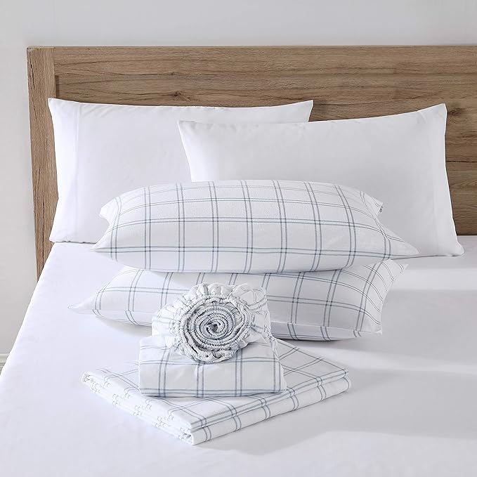 Eddie Bauer - Flannel Sheets King Size, Anti-Pilling & Wrinkle Resistant Cotton, Touchably Soft for All-Season Comfort - Bed Sheets with Matching Pillowcases & Fitted Sheet (Westridge Plaid Blue)