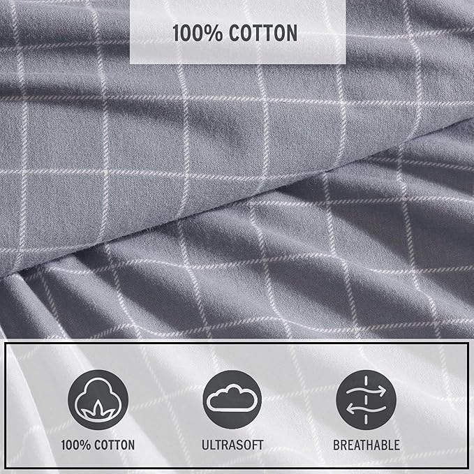 Eddie Bauer - Queen Bed Sheets, Cotton Flannel Bedding Set with Matching Pillowcases, Brushed for Extra Softness, Deep Pocket, Oeko-Tex Certified (Great Plains Plaid Grey)