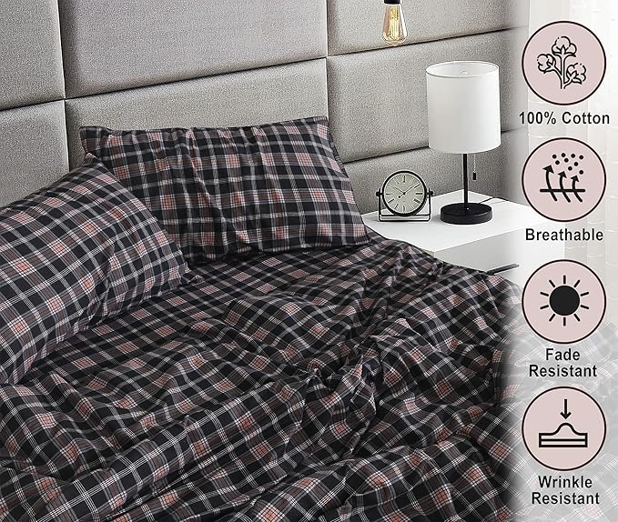 RUVANTI Flannel Sheets Twin Size - 100% Cotton Double Brushed Twin Sheets Set, Deep Pockets 16 Inches, All Seasons Breathable & Extra Soft Bed Sheets, Warm & Cozy, 3 Piece, Peach & Black Plaid