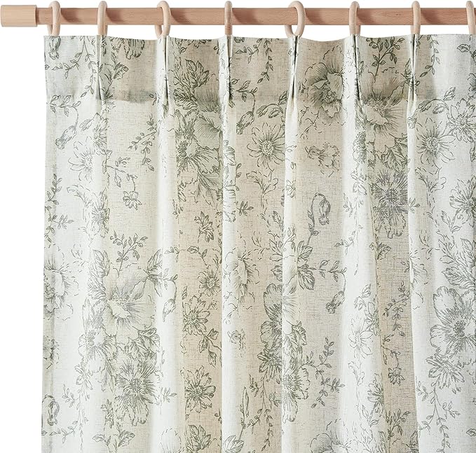 jinachan Pinch Pleated Curtains Floral Linen Blend Curtains for Living Room 90 Inches Length Christmas Green Peony Flower Printed Curtain Rod Pocket Back Tab Farmhouse Drapes with Hooks Set 2 Panels