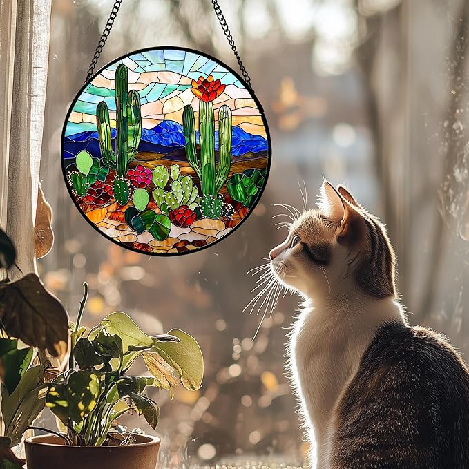 Stained Glass Window Hanging, Green Cactus Suncatcher for Doors Window Home Plant Landscape Sun Catchers Decoration Mother's Day Birthday Gifts for Women, Men, and Mom 15 in