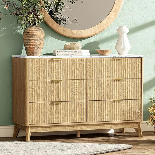 Fluted 6 Drawer Dresser, 47" Wide Chest of Drawers with Faux Marble Top,Modern Dresser TV Stand, Wood Closet Clothes Storage Organizer with Curved Edges for Bedroom, Living Room, Natural