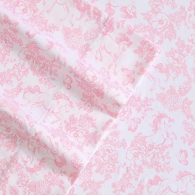 Laura Ashley Kids - Queen Sheet Set, Soft & Wrinkle-Resistant Toddler Bedding Set, Deep Pockets, Girl Bed Sheets with Matching Fitted Sheet & Pillowcases (Toile Unicorn Pink)
