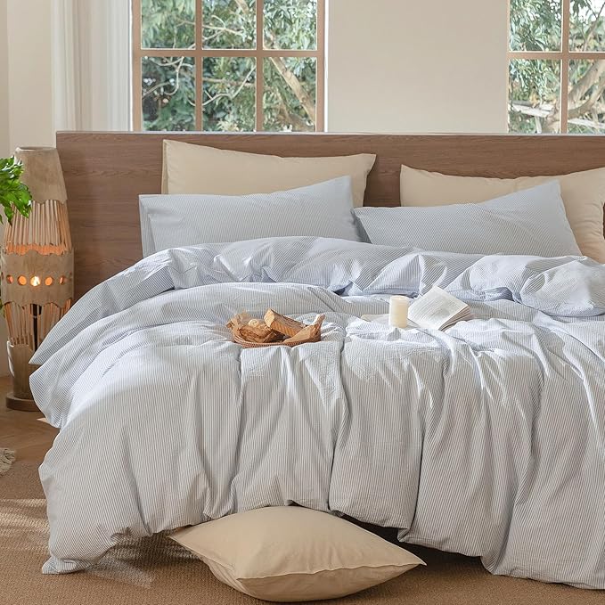 MooMee Striped Duvet Cover Set 100% Washed Cotton Linen Like Textured Breathable Durable Soft Comfy (Cornflower Blue White Pinstripes, King 104"x90")
