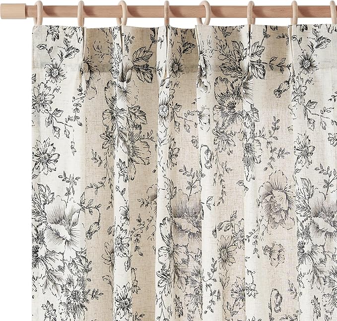 jinchan Pinch Pleated Curtains Floral Linen Blend Curtains for Living Room 84 Inches Length Black Peony Flower Printed Curtain Rod Pocket Back Tab Farmhouse Pinch Pleat Drapes with Hooks Set 2 Panels