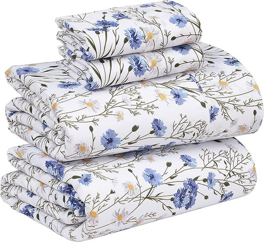 RUVANTI 100% Cotton California King Sheet Sets, 4 Pieces, Soft & Breathable Percale Weave Bedding, Deep Pocket 14", Hotel Standard, Crisp Cool Feel & Durable, Perfect Floral Sheets, Sweet Pea