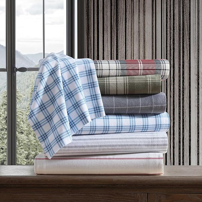 Eddie Bauer - Queen Bed Sheets, Cotton Flannel Bedding Set with Matching Pillowcases, Brushed for Extra Softness, Deep Pocket, Oeko-Tex Certified (Ticking Stripe Grey)