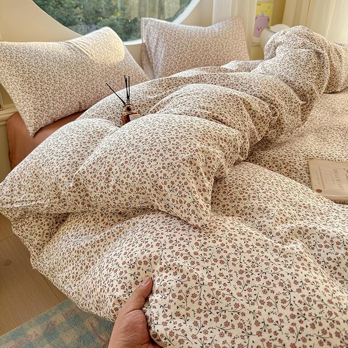 LifeTB Muslin Cotton Duvet Cover Set Full Size Vintage Floral Duvet Cover Ultra Soft Breathable Comforter Cover Chic Flower Bedding Set Linen Feel Textured Gauze Comforter Cover with Zipper Closure