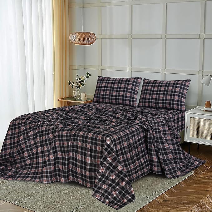 RUVANTI Flannel Sheets Twin XL Size - 100% Cotton Double Brushed Twin XL Sheet Sets, Deep Pockets 16 Inches, All Seasons Breathable & Extra Soft Bed Sheets, Warm & Cozy, 3 Piece, Peach & Black Plaid
