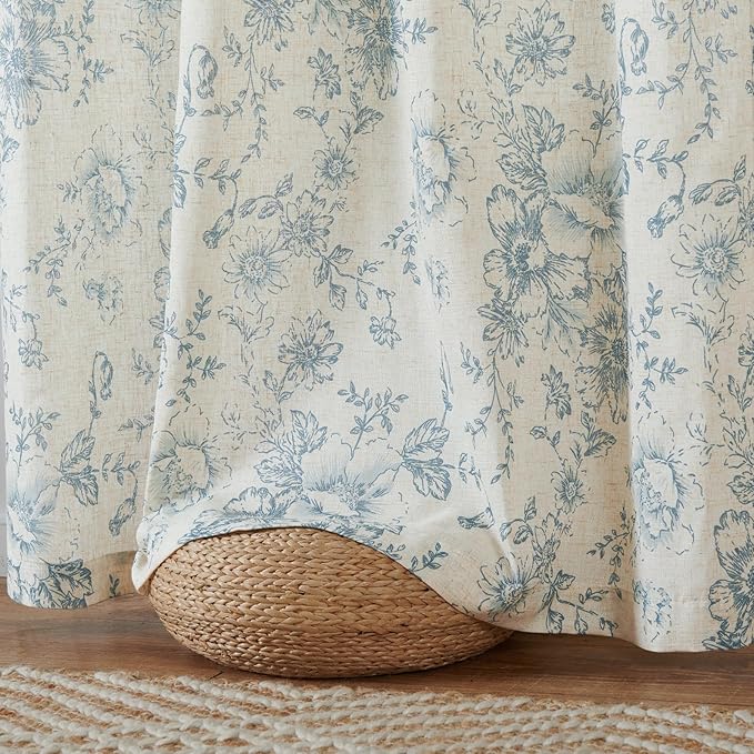 jinchan Linen Floral Curtains Extra Wide for Patio Sliding Glass Door Room Divider Curtain for Living Room 84 Inch Length Farmhouse Peony Blue Printed Curtain Set 1 Panel