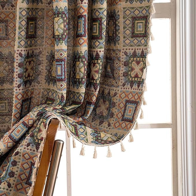 ENJOYBRIDAL Patchwork 96 Inch Curtains 2 Panel Set Semi Sheer Bedroom Drapes Rod Pocket Farmhouse Jacquard Long Window Curtain Panels Bohemian Light Filtering Beige Boho Living Room Window Treatments