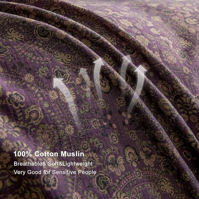 EAVD Soft 100% Cotton Muslin Yarn-Dyed Jacquard Textured Duvet Cover Full Chic Shabby Purple Floral Duvet Cover with Zipper Closure Linen Like Gauze Floral Bedding Set with 2 Pillowcases