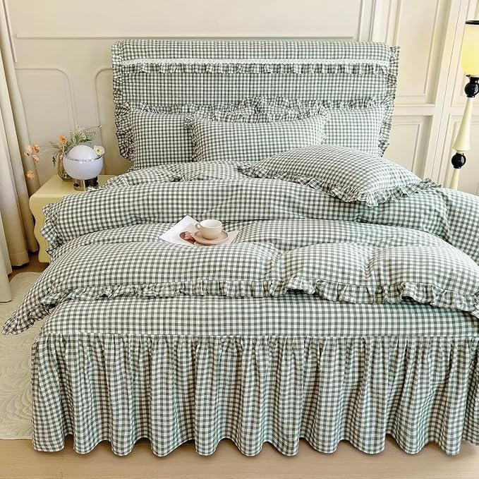 LifeTB Green Gingham Comforter Set King 3 Pieces Ruffle Plaid Comforter Set Chic Grid Bed Comforter with 2 Pillowcases Fluffy Soft Checkered Pattern Comforter Gingham Bedding Comforter King