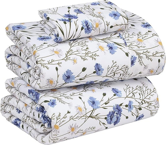 RUVANTI 100% Cotton Twin Sheets Set, 3 Pieces, Soft & Breathable Percale Weave Bedding, Deep Pocket 16", Hotel Standard, Crisp Cool Feel, Durable, Perfect Floral Bed Sheet, Sweet Pea