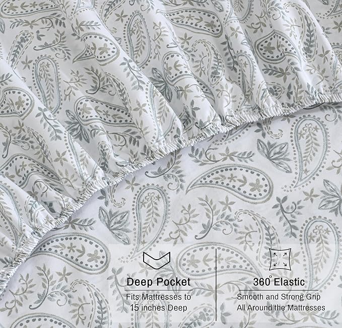 RUVANTI 100% Organic Cotton Sheets Queen Size, Percale Weave, GOTS Certified, 4-Piece Set, Deep Pocket 15", Crisp & Breathable, Soft Durable Bedding, Sábanas Algodón Orgánico – Ornate Oasis