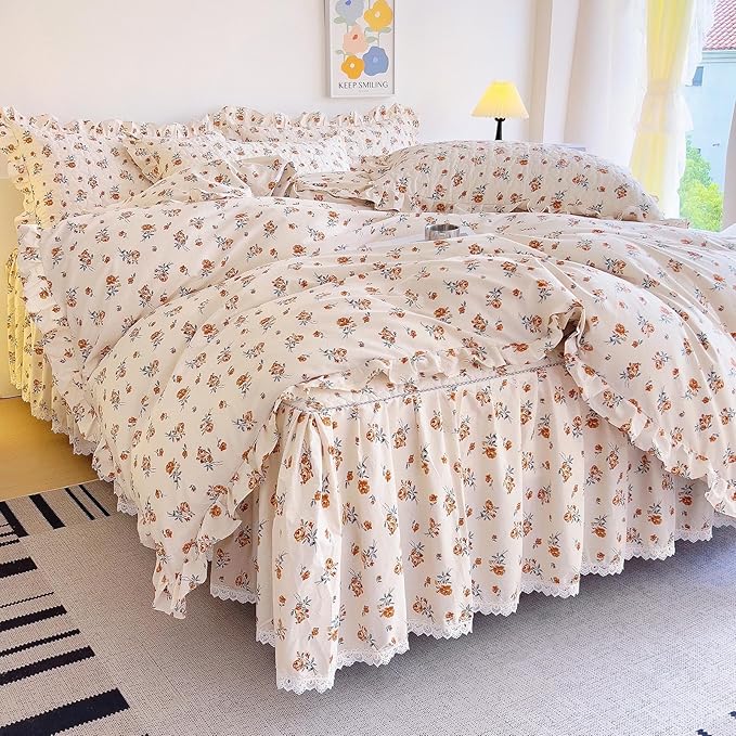 EAVD French Garden Cute Floral Duvet Cover with Ruffles Soft Cotton Chic Romantic Floral Bedding Set with 2 Pillowcases Fresh Botanical Duvet Cover with Zipper Closure