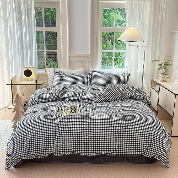 LifeTB Twin XL Comforter Set Black Gingham Comforter for Men Boys Geometric Plaid Comforter Set Grid Checkered Pattern Comforter with 2 Pillowcases Fluffy Soft Plaid Gingham Bedding Set Twin XL