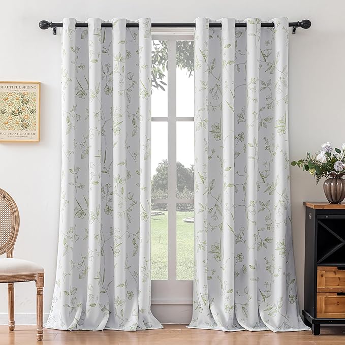ChrisDowa 100% Blackout Floral Curtains 108 Inches Long 2 Panels for Bedroom Living Room Sage Green Flower Patterned Room Darkening Thermal Insulated Soundproof Grommet Window Treatments Drapes,52X108
