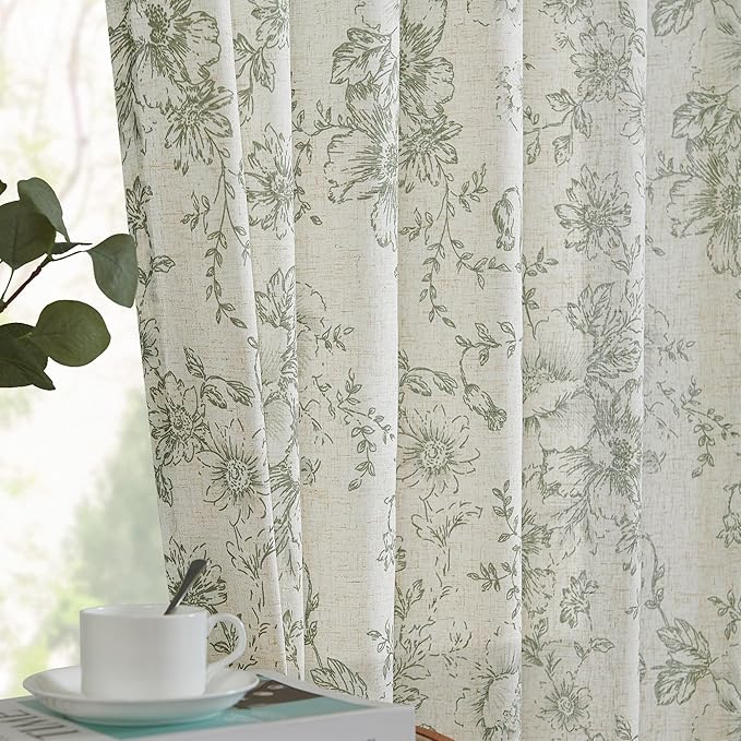 jinachan Pinch Pleated Curtains Floral Linen Blend Curtains for Living Room 108 Inches Length Christmas Green Peony Flower Printed Curtain Rod Pocket Back Tab Farmhouse Drapes with Hooks Set 2 Panels