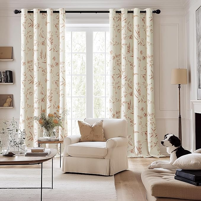 ChrisDowa Beige 100% Blackout Curtains 108 Inches Long 2 Panels for Bedroom Living Room Brown Flower Patterned Room Darkening Thermal Insulated Soundproof Grommet Window Treatments Drapes,52X108