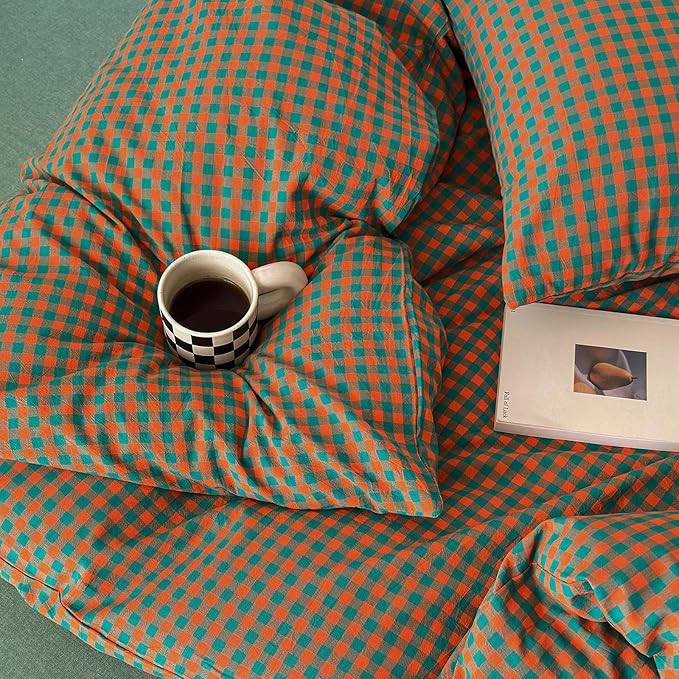 LifeTB Twin XL Comforter Set Orange Green Gingham Comforter with 2 Pillowcases Modern Style Grid Plaid Comforter Set Fluffy Soft Lightweight Gingham Bedding Set Fluffy Checkered Comforter Twin XL