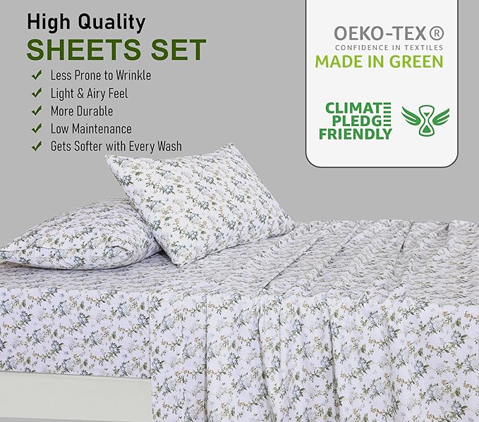RUVANTI 100% Cotton King Size Sheets Set, 4 Pieces, Soft & Breathable Percale Weave Bedding, Deep Pocket 16", Hotel Standard, Crisp Cool Feel, Durable, Perfect Floral Bed Sheet, Heritage